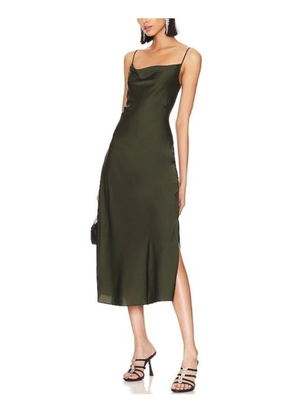Allsaints Womens Size 10 Dark Green Metallic Slip Dress Cowl Neck MIDI Cocktail￼